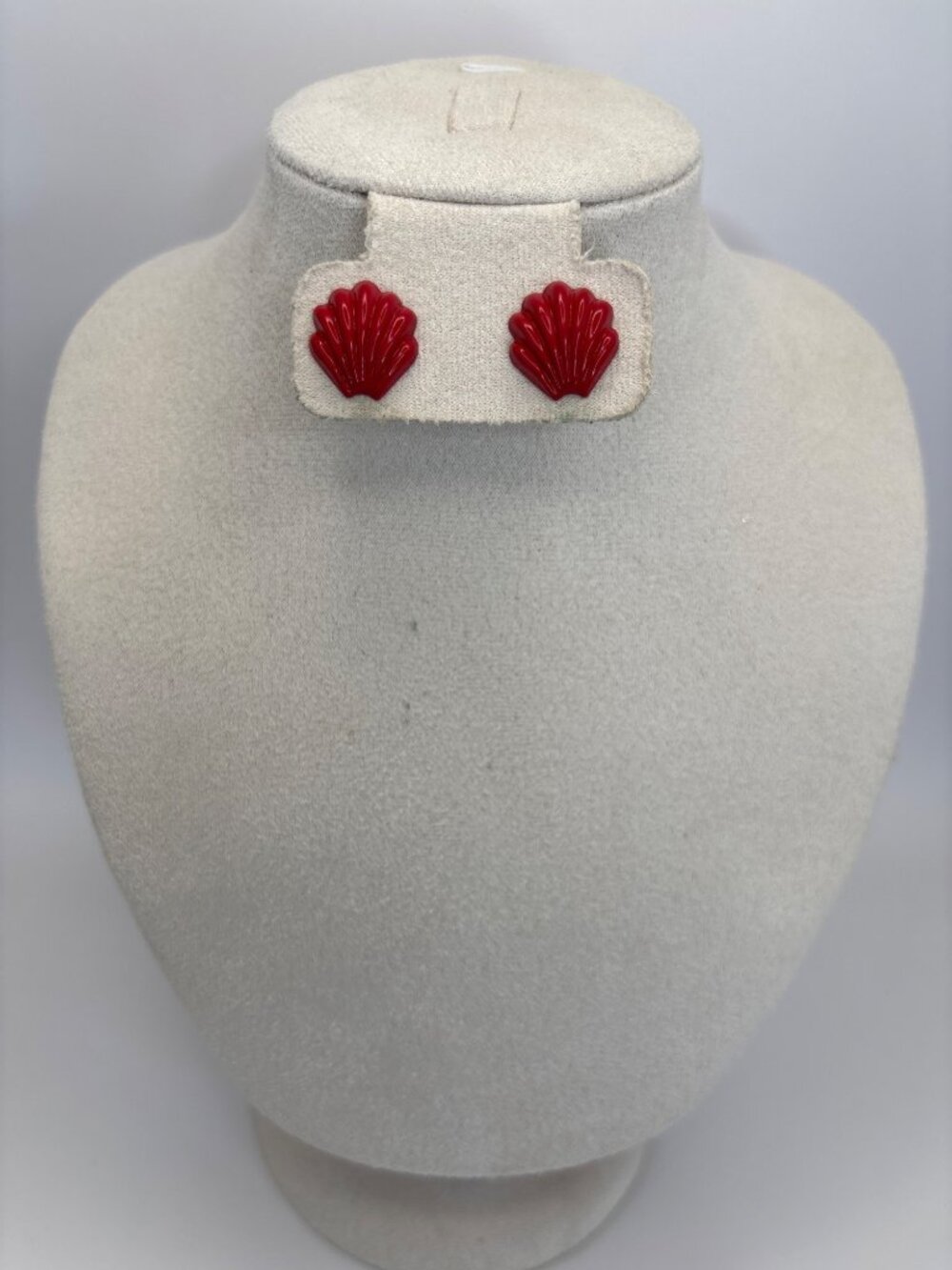Vintage Deep Red Small Pierced Earrings Scalloped Shell Design